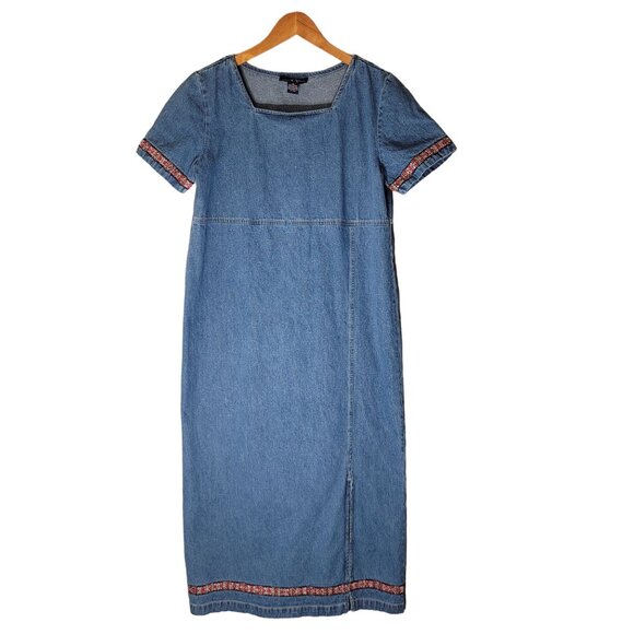 Vintage Blue Jean Midi Dress Straight 90s Embroidered Aztec Pattern Sz M Teacher - Picture 1 of 10